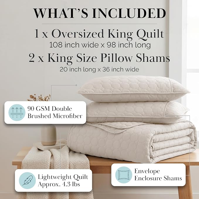 Southshore Fine Living, Inc. Quilted Summer Bedspread, Beige King Quilt Set with 2 Pillow Shams, Geometric Circle Design, Lightweight Bedspread, California King Size Coverlet, Soft Bedding Set, Bone
