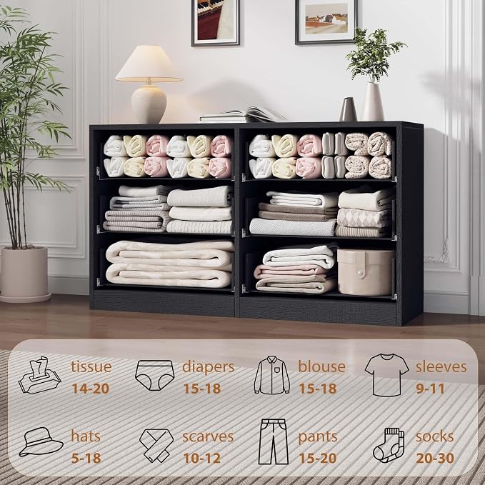 Garvee 6 Dresser for Bedroom, 46.7" Wide Dresser, Freestanding Horizontal Drawer with Storage, Wooden Closet Chest Storage for Living Room, Hallway, Entryway, Black