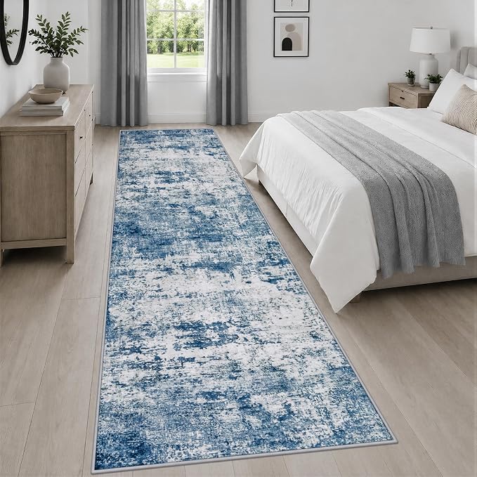 3x14 Washable Runner Rug：Modern Abstract Kitchen Soft Carpet Blue | For Hallway, Bedroom, Kitchen, Laundry, Bathroom,Door Mat,Modern Abstract,Machine washable,Non-Slip,Stain Resistant,Indoor
