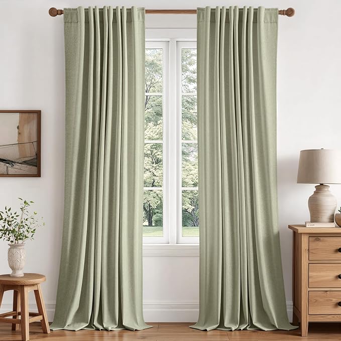 MIULEE 100% Blackout Linen Curtains for Bedroom 40W x 108L Sage Green | 2 Panels, 108 inches Long, Thermal Insulated, Room Darkening, Black Out Drapes for Living Room, Back Tab Rod Pocket