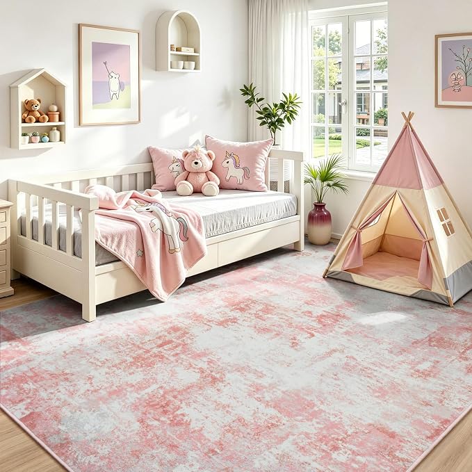 Rugflix 8x10 Area Rugs for Living Room, Washable Pink White Large Rug | Machine Washable; Stain-Resistant; Low Pile; Non-Slip; Modern Abstract; Carpet for Bedroom Dining Office Nursery Home