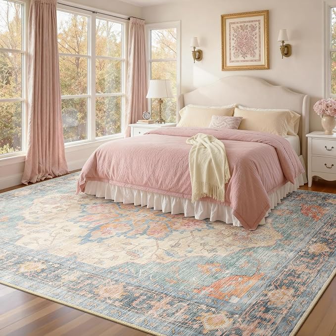 RELEANY Washable Area Rug, 8'x10', Blue/Orange/Red | Non-Slip, Water Repellent, Pet Friendly, Easy to Clean, Vintage Floral Boho Decor for Living Room Bedroom Dining Room