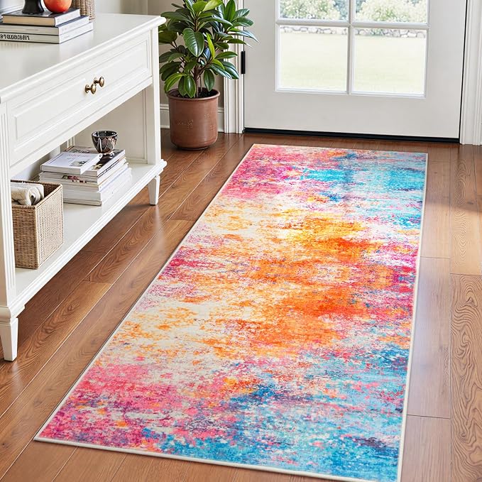 Rugflix 2x8 Runner Rug for Hallway, Washable Colorful Rainbow Runners | Machine Washable; Stain-Resistant; Low Pile; Non-Slip; Modern Abstract; Carpet for Bedroom Bathroom Laundry