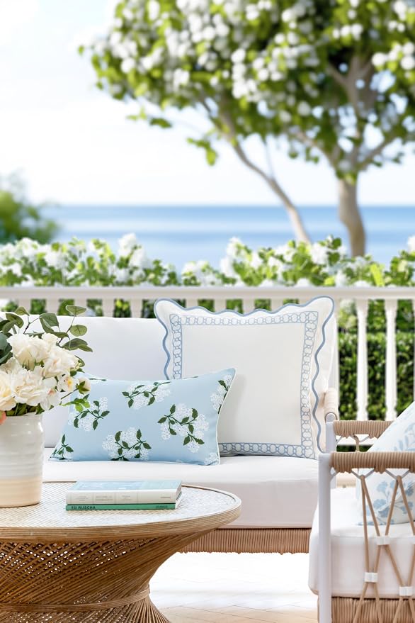 Hofdeco Premium Coastal Patio Indoor Outdoor Lumbar Pillow Cover Only, 12"x20" Water Repellent for Backyard, Couch, Baby Blue Print Hydrangea Flower