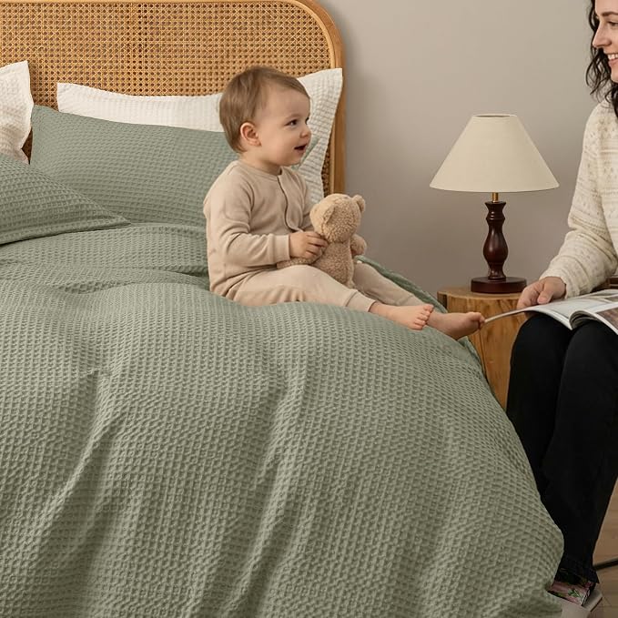 David's Home Textured Waffle Weave Duvet Cover Set, King Size, Dusty Sage | Breathable Cozy for All Season, 300GSM, 3PCS Home Bedding Decor, OEKO-TEX Certified, Hidden Zipper, 8 Corner Ties, 104" X 90"