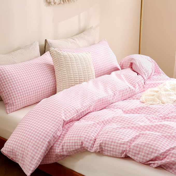 TOCOMOA Pink Gingham Duvet Cover Bedding Set Washed Cotton Like Linen Queen | 100% Washed Cotton Linen-Like Feel Soft, Breathable & Comfy. Lightweight Bedding Set with Zipper & 8 Ties. 3 Pcs, No Insert