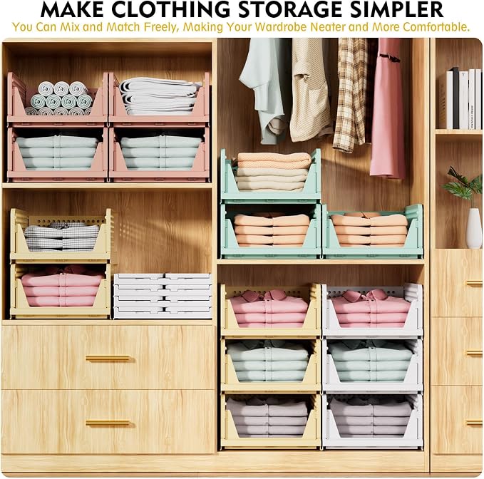 Upgraded Closet Organizers and Storage, Stackable Closet Organizer Basket | 5 Pack Foldable Closet Storage Bins for Bathroom Laundry Room Wardrobe Storage, Space-Saving Clothes Drawer Organizer