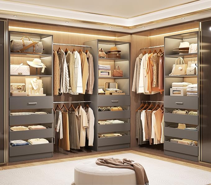 Aheaplus Closet System with 12 Drawers, 8.5-11.5Ft Wood Closet Organizer | Grey Closet Storage with 4 Hanging Rods & 3 Towers, 4Ft & 6Ft L-Shaped Walk-in Closets Wardrobe Organizer, Set of 3
