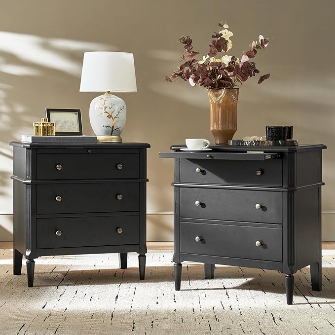 HULALA HOME 30 Inches Side Table with Charging Station, Set of 2, Black | Spindle Legs, Hidden Drawer, Pull-Out Tray, Built-In Outlet, Chamfered Edges, Adjustable Feet, Transitional Style