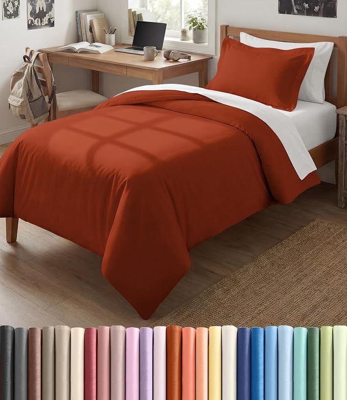 Duvet Cover Twin/Twin XL - 2 Piece with Zipper Closure - Terracotta | Extra Soft, Breathable, Twin/Twin XL Duvet Cover 68" x 90" w/ 1 Pillow Sham, Zipper Closures & Ties, Women, Men, Kids & Teens