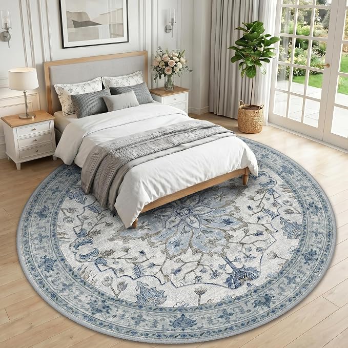RELEANY Washable Area Rug, Round 10ft, Blue/White/Gray | Non-Slip, Water Repellent, Pet Friendly, Easy to Clean, Vintage Floral Boho Decor for Living Room Bedroom Dining Room
