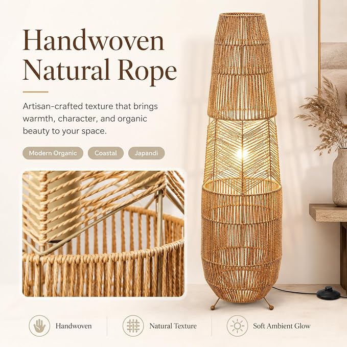 Hand Woven Rattan Floor Lamp,Boho Standing Lamps for Living Room | Handcrafted Wicker Shade,No Assembly Required,Unique Shadow Effects,Foot Switch Control,36 Inch Tall,3 Color Temperature