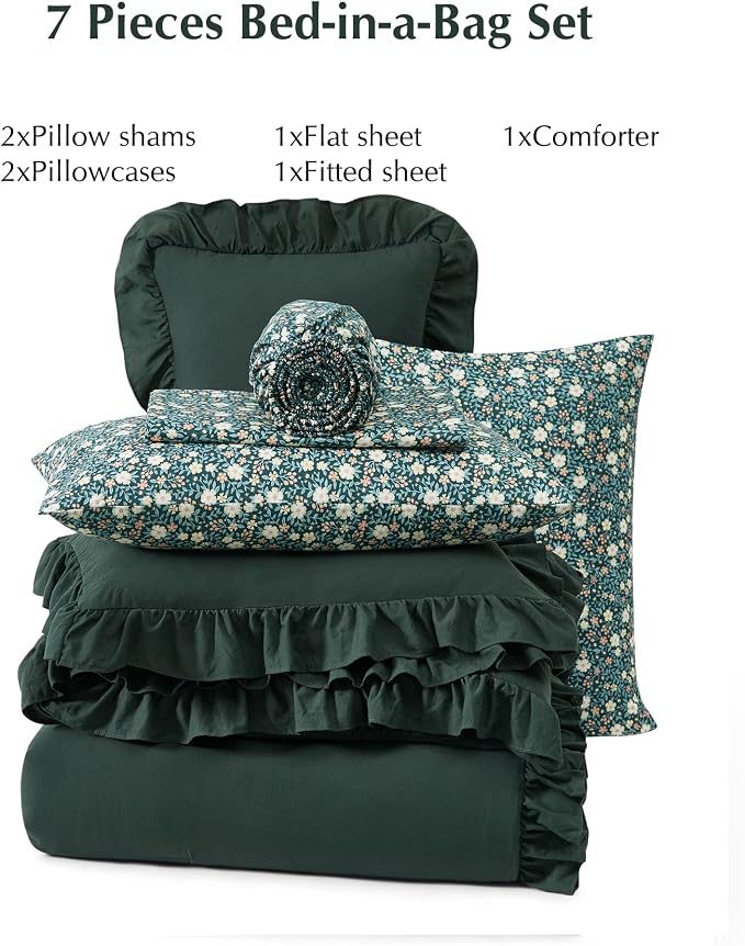 Oversized Queen Comforter Set-7 Pieces Ruffle Bedding | Forest Green Bed in a Bag, Soft All Season All Season Oversized Queen Bedding Sets with Floral Sheets, Pillowcases & Shams