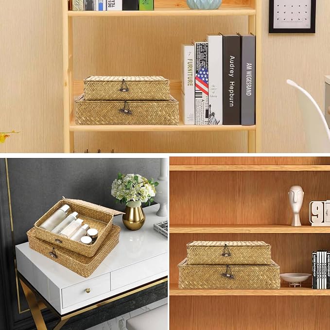 Hipiwe Set of 2 Flat Woven Wicker Storage Bins with Lid Seagrass Basket Box | Natural Handwoven Basket Multipurpose Home Organizer Bins Boxes for Shelf Organizer, Caramel