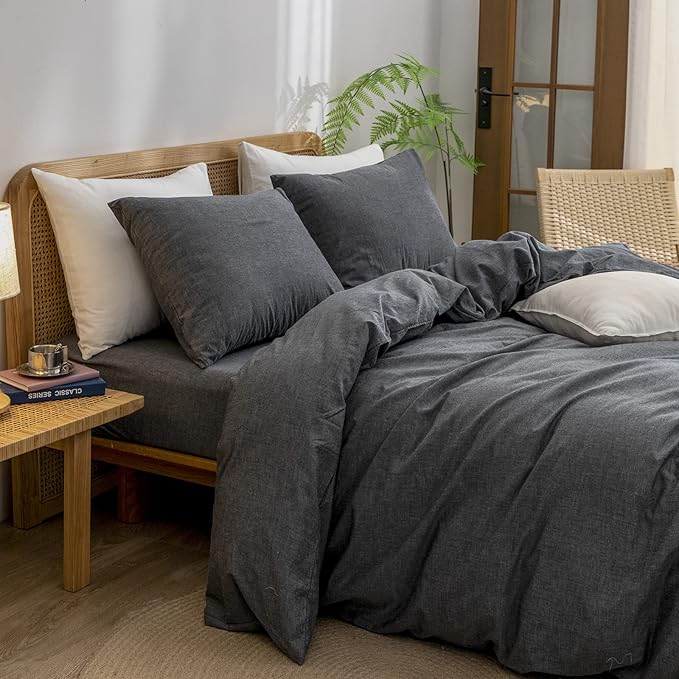 BESTOUCH Cotton Solid Duvet Cover Set Linen Feel Dark Black Queen | 100% Washed Cotton, Soft Wrinkle Texture, Hidden Zipper, 8 Ties, Breathable Lightweight Durable Comfy, 3 Pcs No Insert