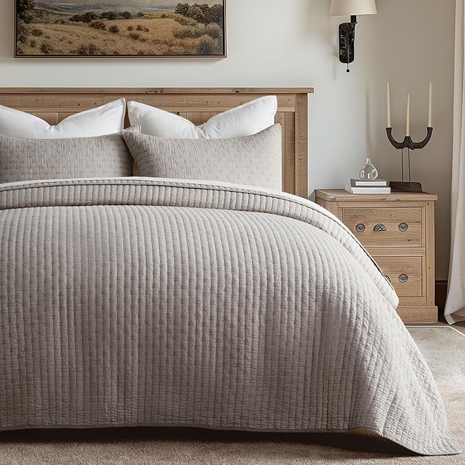 100% Cotton Cross Stitch 3-Piece Quilt Set, Queen, Taupe | 100% Cotton, Elegant Cross Stitch, Soft & Breathable, Prewashed Softness, Oversized Design, OEKO-TEX® Certified
