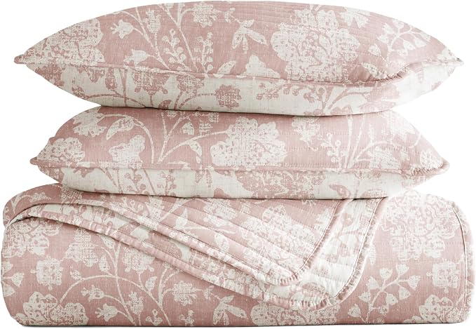 Merit Linens 3 Piece Quilt Set - Super Soft - Lightweight - All Season Quilted Coverlet - Floral Patterns - King/Cal-King Rose