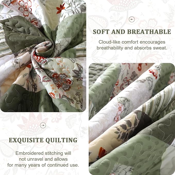 Anibedding Patchwork Quilt Set Queen Size, Green Floral Plaid Bedspread | 3 Pcs Country Floral Coverlet Set, Soft Lighweight Farmhouse Quilt Bedding Set 3 Pieces for All Season, 96''x90''