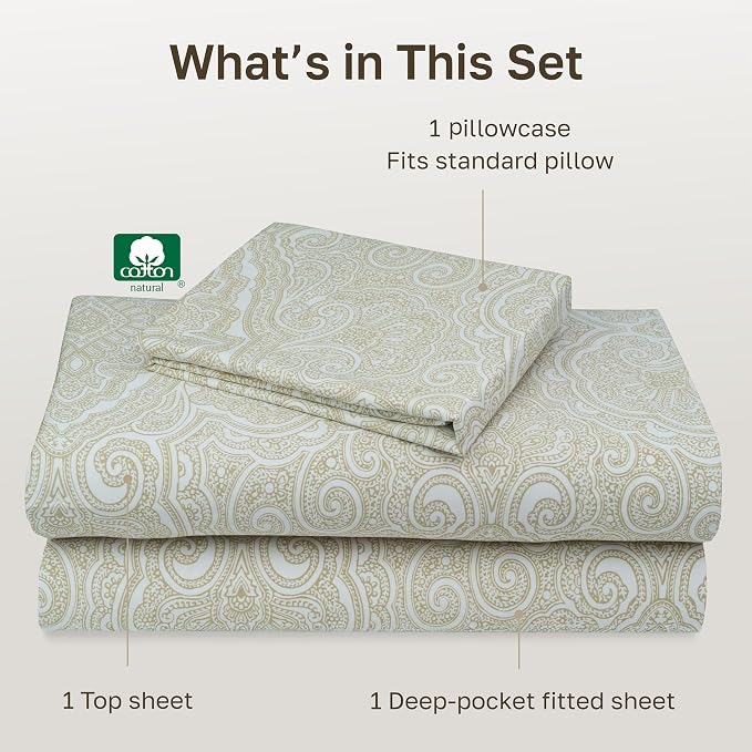 California Design Den Soft 100% Cotton Twin XL Bedding Sheets, 3 Pc Set | 400 Thread Count Backed by Good Housekeeping Seal, All-Around Elastic, Easy Care, OEKO-TEX certified - Paisley Beige Print