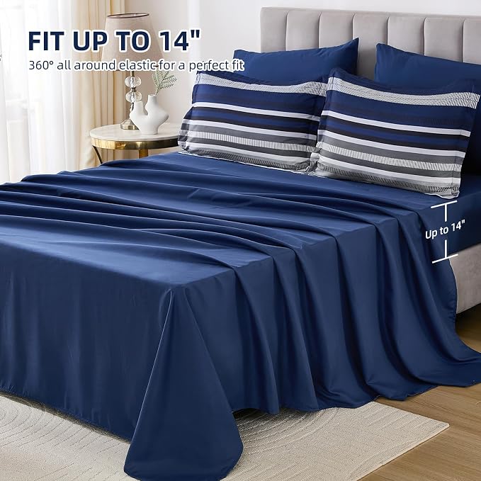 Dobuyly Navy Blue Queen Comforter Set 7 Pieces, Boho Striped Bed in a Bag Queen Size Soft Microfiber All Season Bedding Set with Comforter, Sheets, Pillowcases & Shams