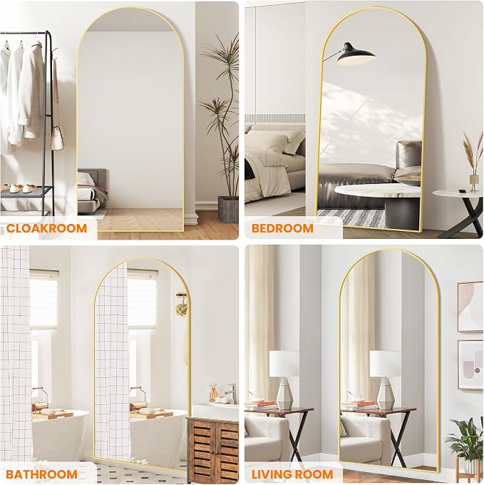 Arched Full Length Mirror, 75"x35" Standing Body Mirror for Wall, Gold | Built-in Stand, HD Shatterproof Glass, Aluminum Alloy Frame, Hanging or Standing, for Bedroom, Living Room & Dressing Room