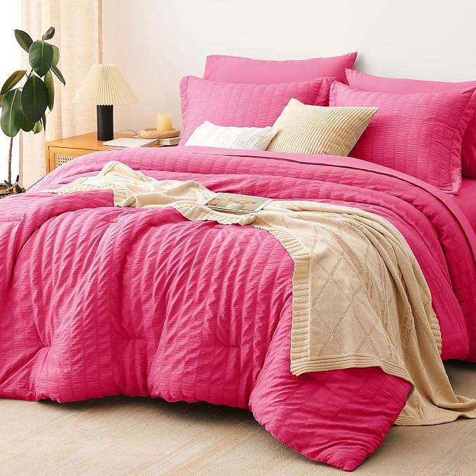 King Size Comforter Set, 7 Pieces Hot Pink Seersucker Bed in a Bag | OEKO-TEX Certified, All Season Bedding Set with 240 GSM Down Alternative Comforter, Flat & Fitted Sheets, Pillowcases & Shams