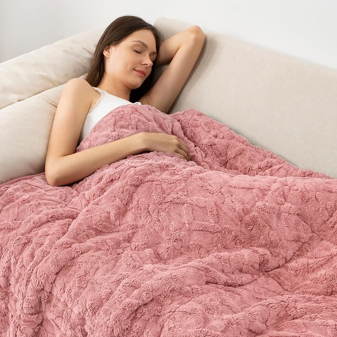 Weighted Blanket for Adults Twin Size 15 lbs 48" x 72" Apricot Pink | Better Sleep, Relax Body & Mind, Dual Sided Soft Fuzzy Heavy Throw Blankets, Jacquard Knitted, Chunky Fluffy, Warm Hug, Gift