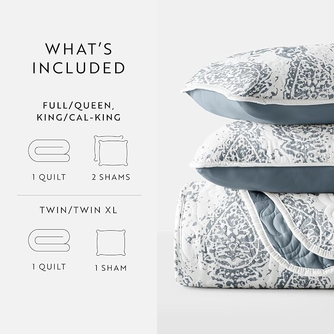 Merit Linens Soft Quilt Coverlet Bedding Set - Pattern/Solid Reversible - Full/Queen Dusk Blue