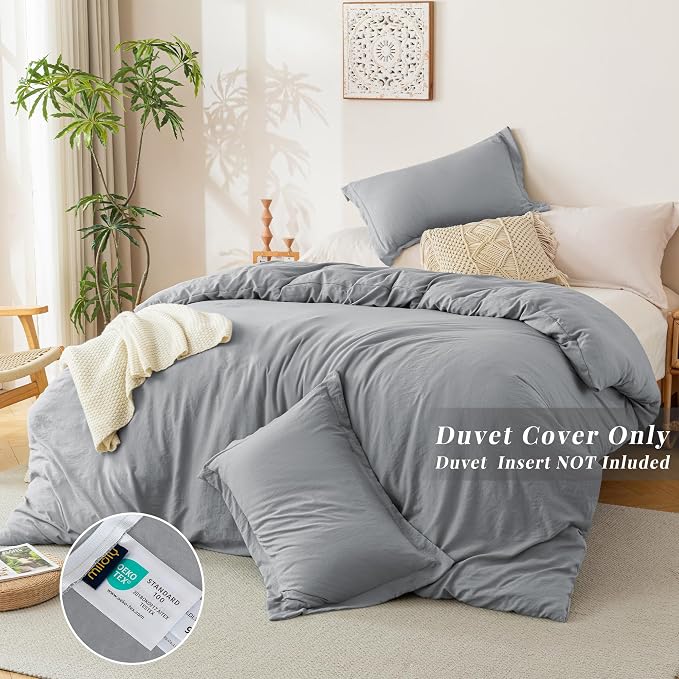 MILDLY Duvet Cover Cal King Ultra Soft Comforter Cover Set 3pcs, Grey | Washed Microfiber Cotton-Like, Breathable Comfort, Hidden Zipper, Corner Ties, OEKO-TEX Certified, Fade Resistant