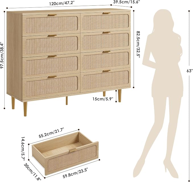GarveeHome Rattan 8 Drawer Dressers for Bedroom, Deep Drawer, Natural | Tall Dresser, Wide Top, for Living Room, Hallway, Kids Room, Large Chest of Drawers for Closet, Long Wooden Dresser