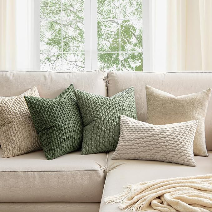 MIULEE Lumbar Decorative Throw Pillow Covers 12x20 Sage Green Corduroy | Textured Striped Pack of 2 Striped Pillow Covers Modern Farmhouse Home Decor for Couch Bed Sofa Living Room