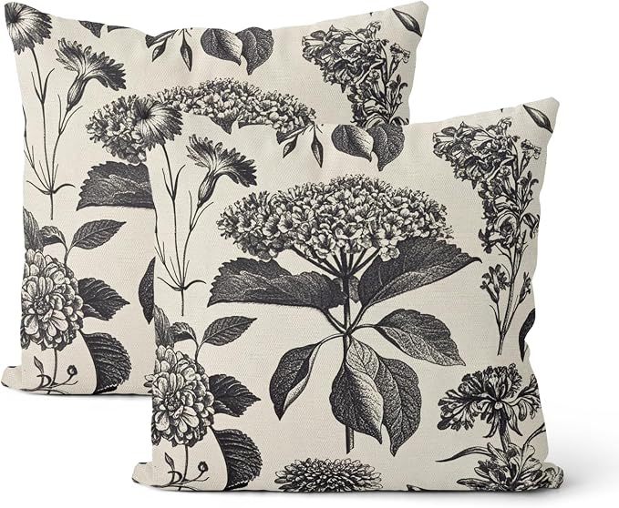 Black Pillow Covers 16x16 Inch 2 Pcs Boho Vintage Floral Decor Throw Pillows Hydrangea Flower Seasonal Outdoor Farmhouse Neutral Accent Decoration Pillowcase Linen Cushion Cover for Couch