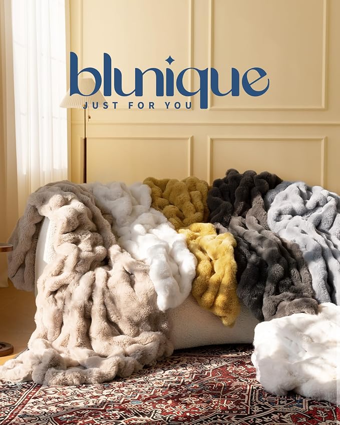 Ultra Soft Cozy Faux Fur Throw Blanket, Fuzzy Plush Thick Bubble Blanket, Oversize Luxury Fluffy Blanket for Couch, Sofa, Bedroom, and Living Room, 50x60 Inches, Light Brown