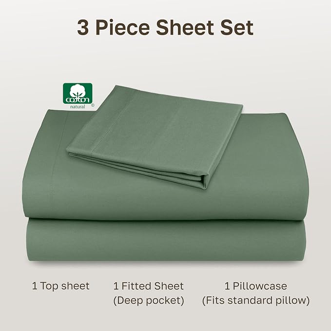 Soft Natural 100% Cotton Sateen Twin Size Sheet Set, 3 Pc Set, Pine Green | Backed by Good Housekeeping Seal, Light & Breathable For Hot Sleepers, All-Around Elastic, Durable, Easy Care