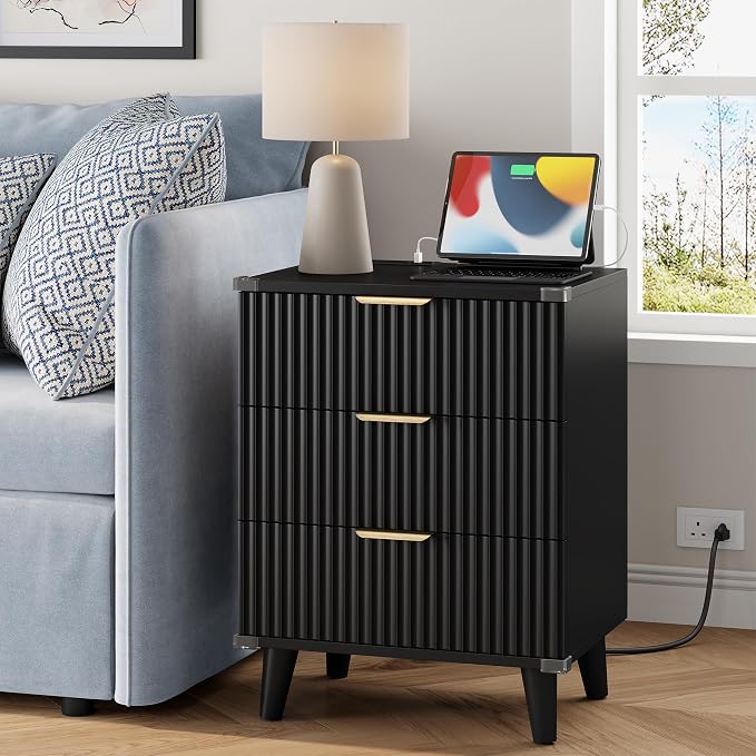 Wood Nightstands Set of 2 w/Charging Station, 3 Drawers Fluted Dresser | Black, Large Drawers, Metal Silent Rails, FSC Wooden, Sturdy Legs, Modern Fluted Panel, Living Room, Bedside Table