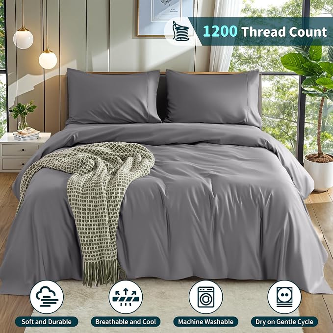 LBRO2M 100% Egyptian Cotton Sheets 1200 TC, Deep Pocket 16", 4Pcs, King | Long Staple Cotton Bed Sheets, Extra Soft and Breathable Sheets, Cozy for All Seasons, Gray