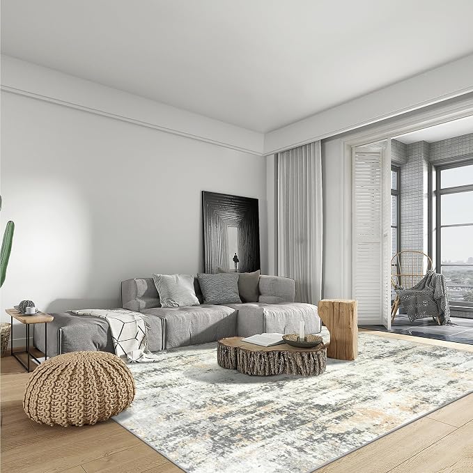 8x10 Area Rugs for Living Room: Washable Abstract Grey Brown Badroom Carpet | Non-slip TPE backing makes this washable soft low-pile rug safe & durable, Pet-friendly decor for dining room,nursery,office