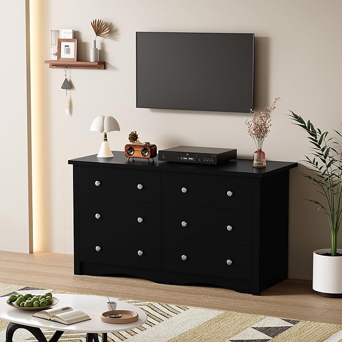 Shahoo Dresser for Bedroom with 6 Drawers, 47.2" Wood Dresser | Chests of Drawers, Anti-tip, Storage Organizer, TV Stand for Living Room, Closet, Hallway, Dormitory, Pure Black