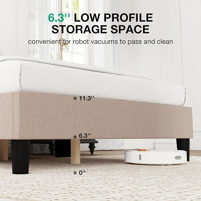 Novilla Queen Bed Frame with Headboard, Queen Size Bed Frame, Linen Upholstered Pull-Point Wing Side Headboard, No Box Spring Needed, Heavy Duty Feet, Easy Assembly, Beige
