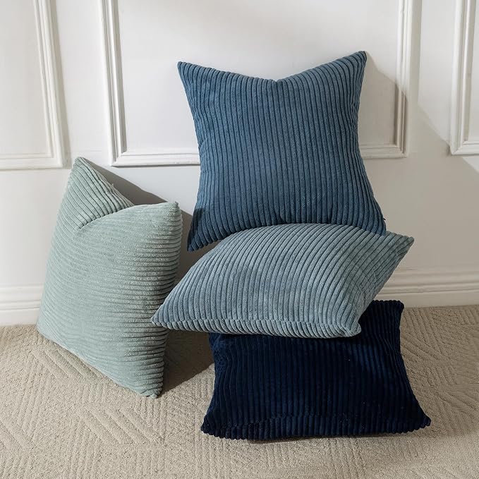 Volcanics Set of 4 Dusty Blue Navy Series Corduroy Pillow Covers 18x18 in | Decorative Modern Boho Striped Cushion Cases for Patio, Balcony, Children Bedroom, Summer Gradient Shams