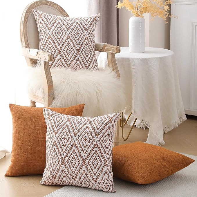HPUK Throw Pillow Covers 18x18, Set of 4, Golden Brown Couch Pillow Covers | Polyester fabric, patterned and solid designs, hidden zippers, machine washable, for sofas and beds, inserts not included