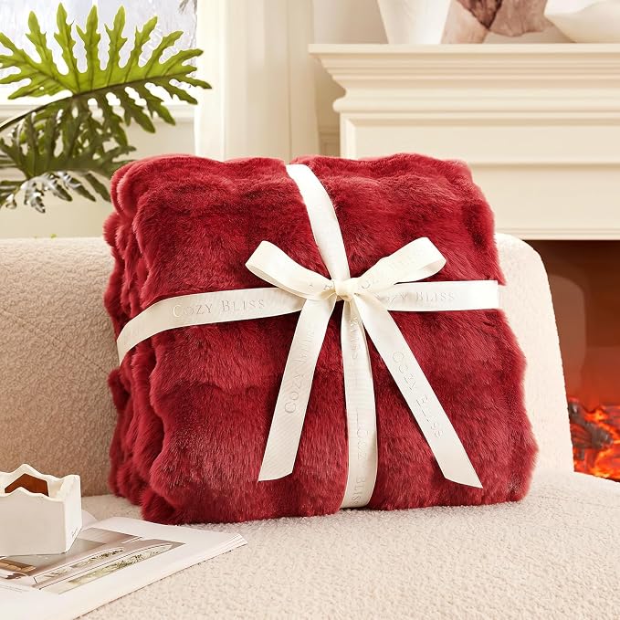 Cozy Bliss Faux Fur Throw Blanket for Couch, Fuzzy Soft Plush Thick Bubble Blanket for Sofa Bedroom Living Room, 60 * 80 Inches Red