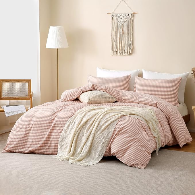 TOCOMOA Gingham Duvet Cover Set 100% Washed Cotton Like Linen, Queen | Linen-Like Feel Soft, Breathable & Comfy for All Season. Pink Brown Fall Bedding Set with Zipper & 8 Ties. 3 Pcs, No Insert