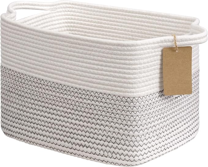 Goodpick Woven Rope Storage Basket for Shelves, Rectangle, Mix White | 13" × 10" × 9" Stylish Gift Basket for Nursery & Bedroom Organization, Cotton Rope Baskets for Toys & Baby Essentials Storage