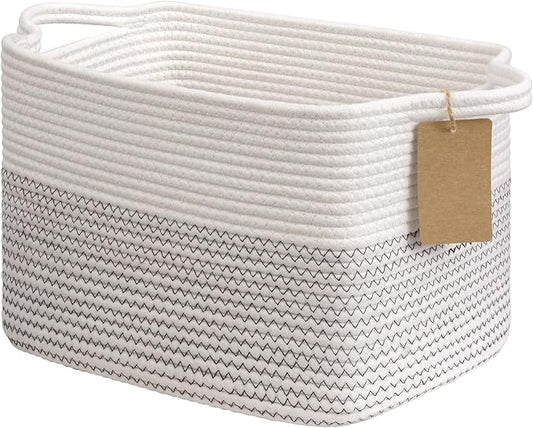 Goodpick Woven Rope Storage Basket for Shelves, Rectangle, Mix White | 13" × 10" × 9" Stylish Gift Basket for Nursery & Bedroom Organization, Cotton Rope Baskets for Toys & Baby Essentials Storage
