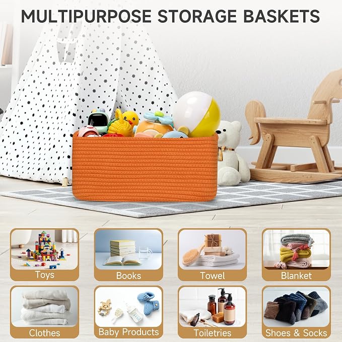 3 Pack Small Storage Baskets for Organizing, 11.8×7.8×5.1", Orange | Woven Baskets for shelves, Cotton Rope Basket for Gifts Empty, Closet Organizer Bins with Handles, Cube Decorative Box