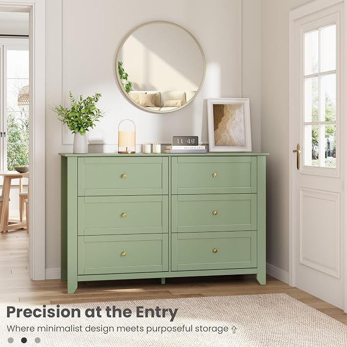 Garvee 6 Drawer Dresser for Bedroom, 47.2" Wide Modern Large Chest of Drawers with Metal Knobs, Wooden Clothes Storage Organizer for Closet, Nursery, Living Room, Apartment, Sage Green | Lacquered Finish, Metal Knobs, Clothes Storage Organizer for Clos...
