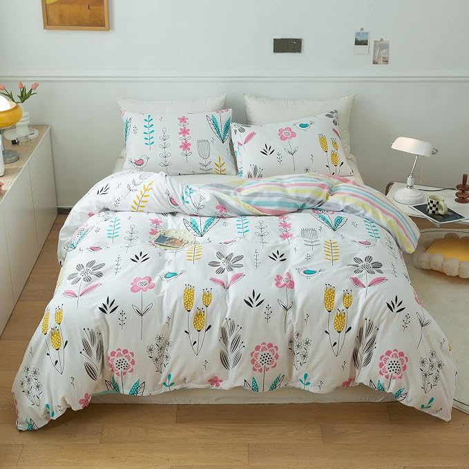 mixinni Flowers Duvet Cover for Teenage Girls Queen Size Floral Leaf Printed Soft Cotton Full Bedding Set Reversible Colorful Striped Pattern Girls Zipper Closure 4 Corner Ties for Women-Queen Size