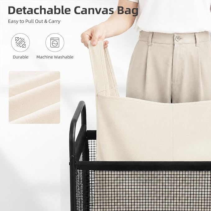 STORAGE MANIAC Rolling Laundry Hamper with Wheels 2-Section Laundry Sorter Rolling Laundrys Basket on Wheels with Removable Bag Clothes Hamper Laundrys Organizer Cart Bathroom Bedroom 100L Beige