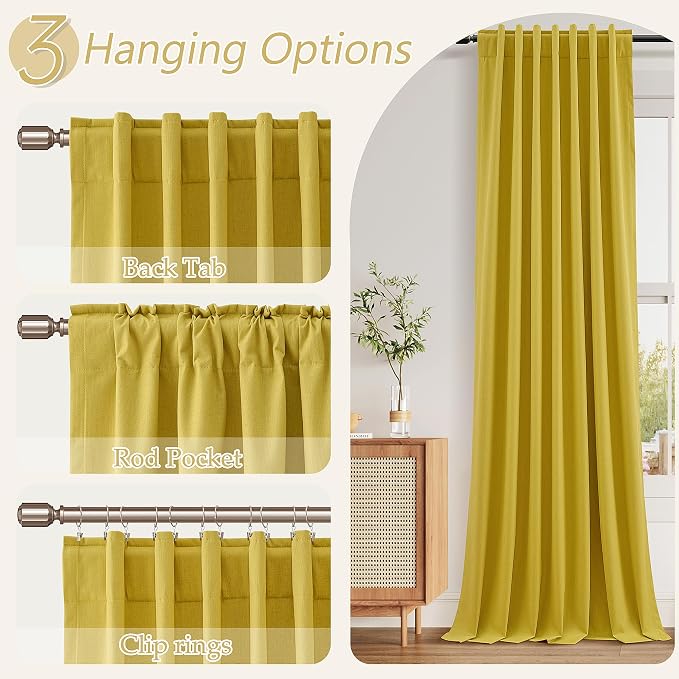 100% Blackout Curtains 120 Inch Length 2 Panels Set for Living Room Bedroom Back Tab Thermal Insulated Black Out Linen Drapes Room Darkening Celery Yellow,52x120